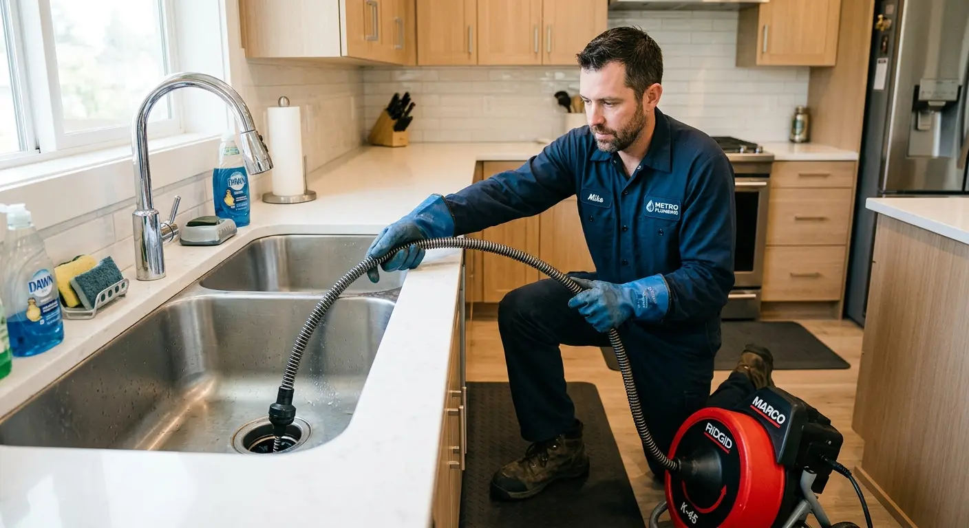 Drain cleaning technician using a motorized snake on a kitchen sink in Lackawanna