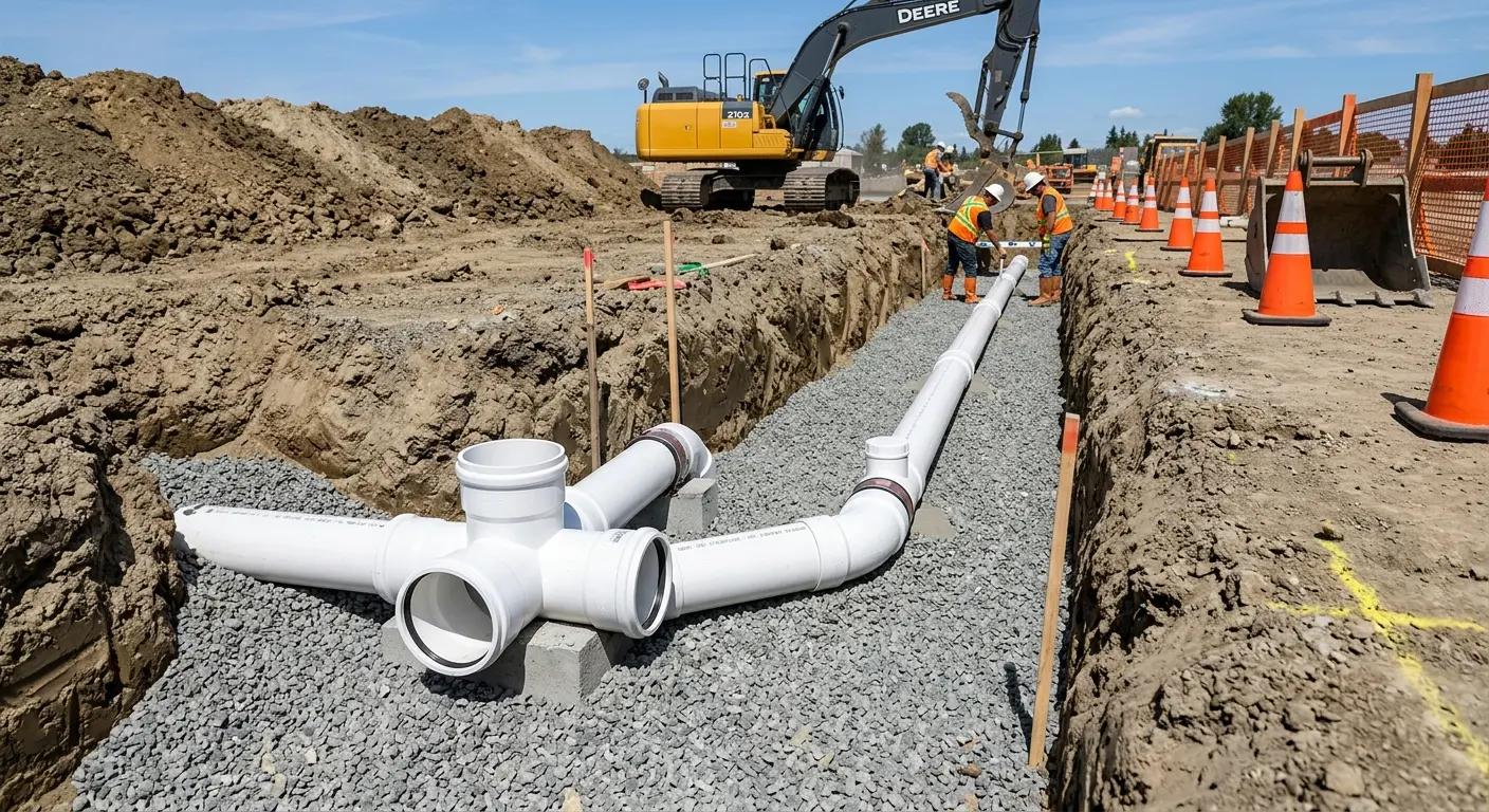 New PVC sewer pipe installation in open trench for Sewer Backup in Lackawanna