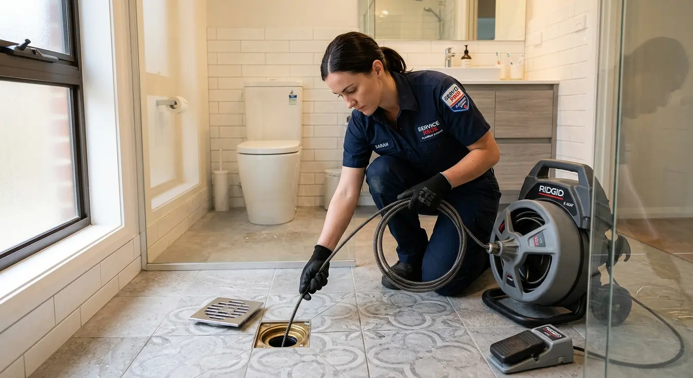 Technician clearing a bathroom floor drain for Hydro Jetting in Lackawanna